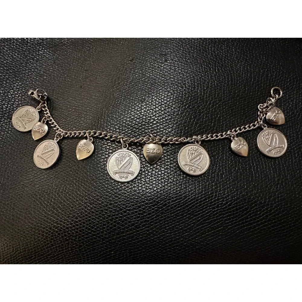Vintage Beta Sigma Phi Sterling‎ Silver Charm Bracelet Dated 1957-1969 11 Charms